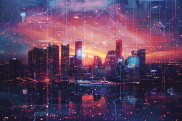 Fototapeta premium city, new technologies, city of the future, technologically advanced, neural network, trends on pixabay, packaging cover, geometric background; LED, Backlit Photo Sample, Beautiful Lake Background, Ea