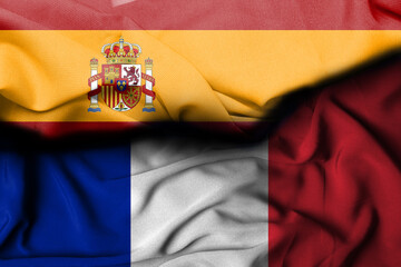 Fototapeta premium Spanish flag illustration combines French flag, satin texture waving decoration background. 3d illustration