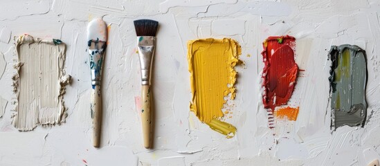Oil paint samples a palette knife and a brush arranged on a light background with copy space image