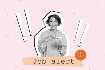 Photo collage picture young amazed girl job alert find work occupation employment hiring...