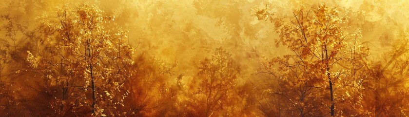 Abstract golden forest painting with autumn hues, showcasing fallen leaves and trees, creating a warm and serene landscape.