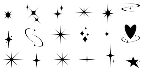 Hand Drawn Set of Tattoo art stickers 90s - 2000s in trendy Y2k Aesthetic Style. Retro lines vintage elements, sparkle star, heart. Simple geometric y2k shapes. Isolated Vector illustration.