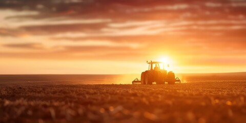 Fototapeta premium Sunset agricultural scene with workers plowing field using tractors in rural landscape. Concept Sunset Photography, Agriculture, Rural Landscape, Tractor Plowing, Farmers