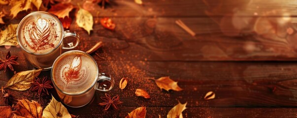 Two delicious lattes with beautiful latte art, surrounded by autumn leaves on a rustic wooden table, capturing the essence of fall.