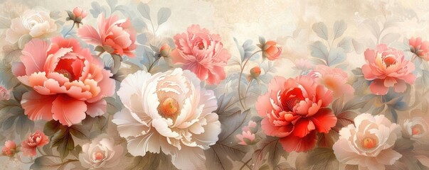 Watercolor painting of pink and white roses in a garden.