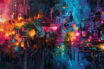 Fototapeta premium Vibrant Abstract Digital Circuit Board with Neon Colors and Futuristic Design