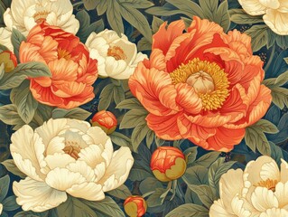 Vibrant orange and white peonies bloom in a lush floral pattern.