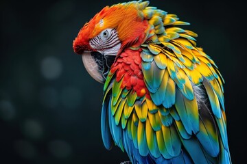 Obraz premium Vibrant Close-Up of a Colorful Parrot with Detailed Feathers Against a Dark Background