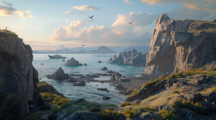 Scenic coastal view with cliffs, a yacht on calm waters, and seagulls in the sky under a beautiful sunset