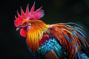 Fototapeta premium Vibrant Close-Up of a Colorful Rooster with Detailed Feathers and Dark Background