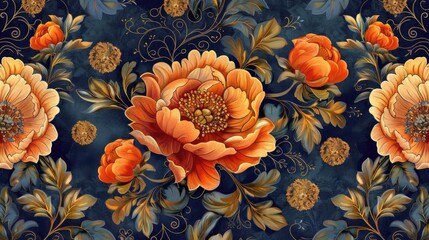Seamless pattern with orange peonies and golden leaves on a dark blue background.