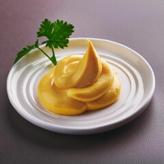 A swirl of smooth and creamy yellow mustard garnished with a fresh parsley sprig on a white plate.