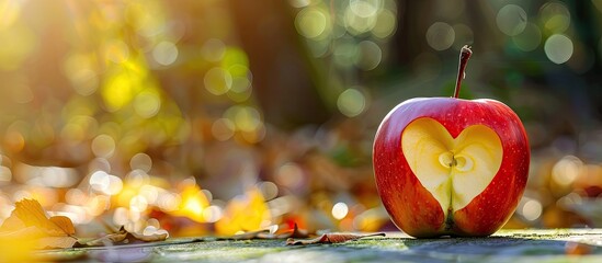 An apple with a heart shaped cutout on a bright backdrop symbolizing health with copy space image