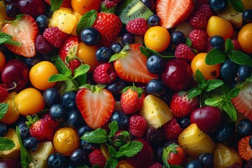 Obraz premium Fresh and Vibrant Assorted Fruits with Mint Leaves - Strawberries, Blueberries, Raspberries, Cherries, and More