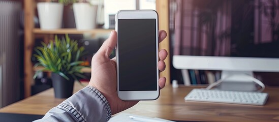 A man s hand holding and texting on a cell phone with a blank screen is displayed on a desk at a home office The background offers copy space for advertising text ideal for showcasing business and te