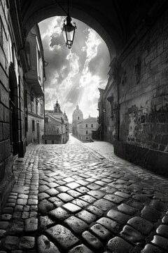 Fototapeta Historic European Street with Cobblestone Pathway and Dramatic Sky in Black and White