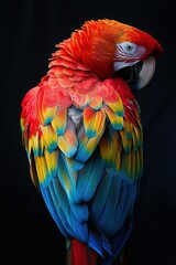 Obraz premium Vibrant Scarlet Macaw Parrot with Colorful Feathers on Black Background