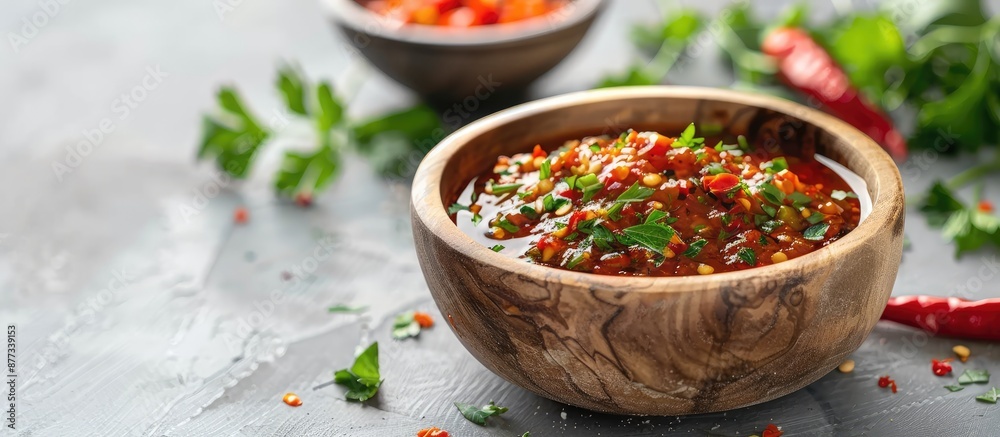 Poster Wooden bowl of spicy chili sauce with parsley on light grey table copy space image