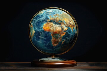 Vintage Globe on Wooden Stand with Detailed World Map in Dimly Lit Room