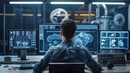 Male engineer working with multiple computer screens, analyzing data and designing technology in a futuristic, high-tech laboratory.