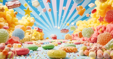 A whimsical explosion of colorful candy, cookies, and marshmallows against a bright blue backdrop with radiating yellow and white stripes, creating a playful, sugary dreamscape.