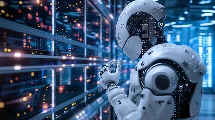 Fototapeta premium Futuristic robot working in a data center surrounded by glowing servers, representing advanced AI and modern technology.