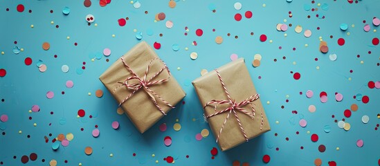 Fototapeta premium Holiday celebration tradition showing two small gifts wrapped in craft paper on a blue background adorned with festive confetti ideal as a copy space image
