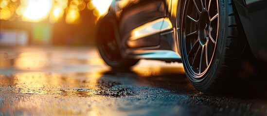 Metallic color wing of a car with black rubber tire wheel on an intentionally blurred asphalt backdrop perfect for copy space image