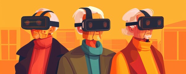 Three elderly people wearing virtual reality goggles.