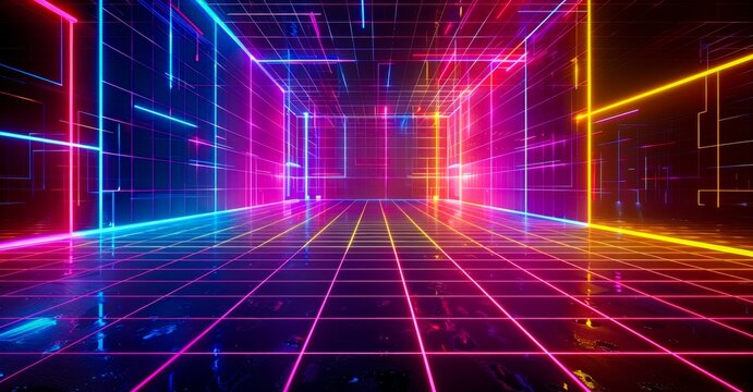 A neon-lit, gridded tunnel pulsates with vibrant colors, creating a futuristic, immersive experience.