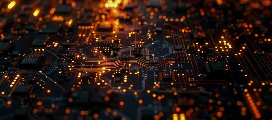 Obraz premium A close-up view of a circuit board reveals intricate pathways illuminated by glowing orange lights, showcasing the complexity of modern technology.