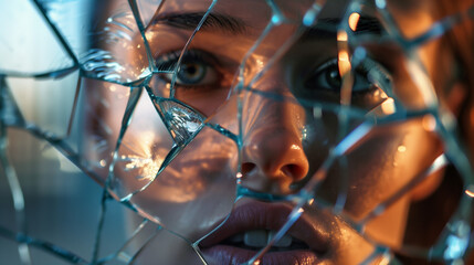 A woman's face reflected in a broken mirror. The concept of fragility and vulnerability is expressed by the distorted facial features visible on a surface covered with pieces of glass.