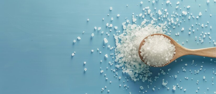 Ceramic spoon with sugar crystals displayed on a blue backdrop with copy space image