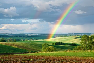 Obraz premium Arch Rainbow. Scenic Agricultural Landscape with Rainbow Against Cloudy Sky