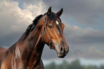 Fototapeta premium Bay Stallion Portrait: Majestic Warmblood Horse in Equestrian Setting