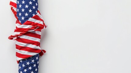 Obraz premium American flag wrapped and tied on a vertical pole with space for text on the right, symbolizing patriotism and national pride., 4th of july holiday,Independence Day,Memorial Day
