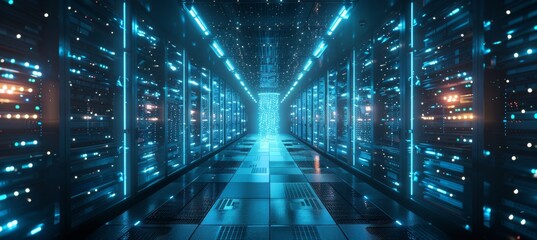 Fototapeta premium Wide-angle view of a futuristic data center with illuminated server racks and a vibrant digital corridor