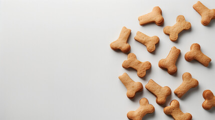 Pet products featuring bone-shaped treats for dogs placed in an empty space.