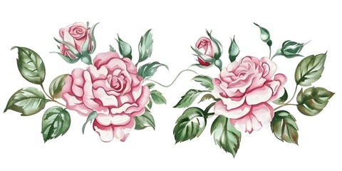 Fototapeta premium Watercolor clipart of rose bouquets with green leaves on a white background. Concept Botanical Illustrations, Watercolor Art, Floral Design, Rose Bouquets, Nature Clipart