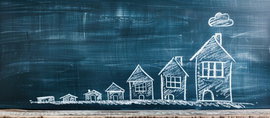 A sketch depicting the growth of home finance in white chalk on a blackboard is portrayed in a copy space image showcasing business success ideal for financial backgrounds