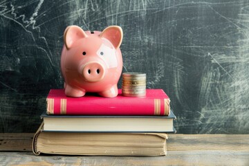 Federal Funding. Pink Piggy Bank and Books on Wooden Background Symbolizing Education Funding