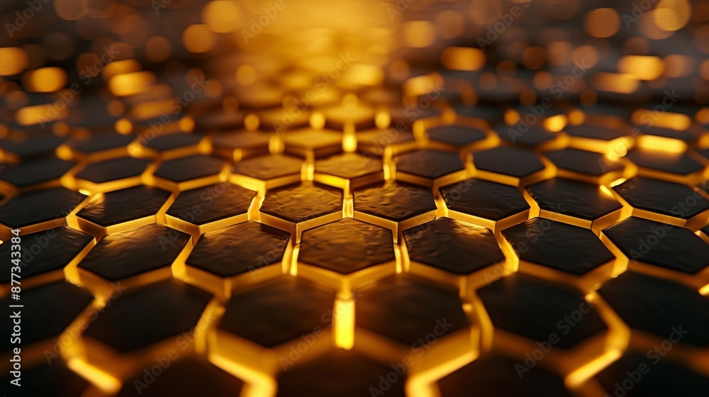 Poster an abstract background with a polygonal mosaic surface surrounded by random golden hexagons. 3d rend