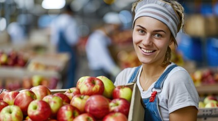 Fototapeta premium Food Processing Worker. Portrait of Confident Female Worker Carrying Box of Apples in Plant