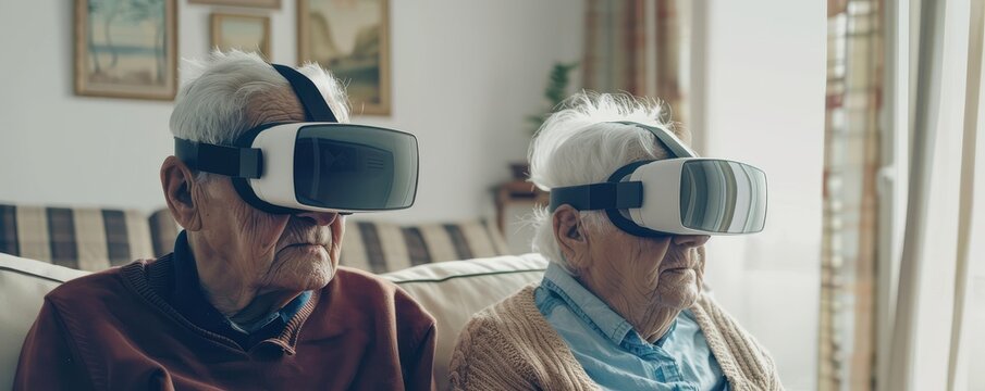 Two older men are wearing virtual reality goggles. Free copy space for banner.
