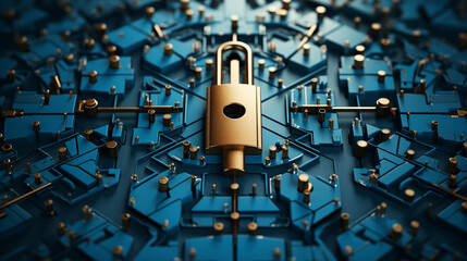 A Golden Padlock Rests on a Blue Circuit Board, Symbolizing Digital Security