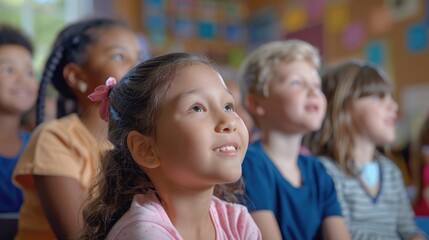 Fototapeta premium Middle School Classroom: Diverse Primary Students Engaged in Learning, Building a Bright Future