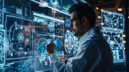 Scientist analyzing data on futuristic digital screens in a modern lab setting, focusing on innovative research and technological advancements.