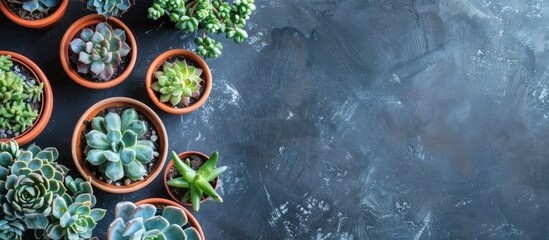 An indoor garden concept showcasing varied succulents in assorted pots on a stone table with a focus on plant transplantation presented in a horizontal banner with copy space image