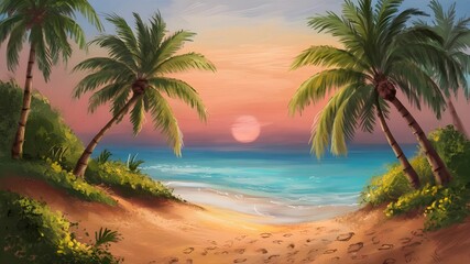 trees on the beach with sunset, paradise, peace