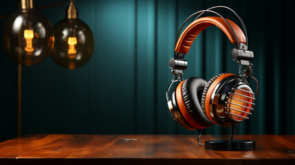 A Retro Microphone Adorned with Headphones, Set Against a Vibrant Green Sound Wave Background, Evoking a Nostalgic Ambiance Reminiscent of Classic Recording Studios